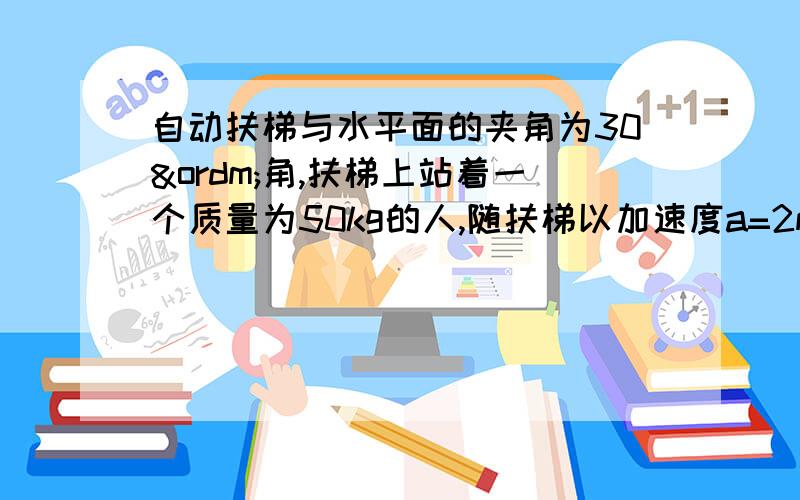 自动扶梯与水平面的夹角为30º角,扶梯上站着一个质量为50kg的人,随扶梯以加速度a=2m/s2一起向上加速摩擦力方向为什么向右