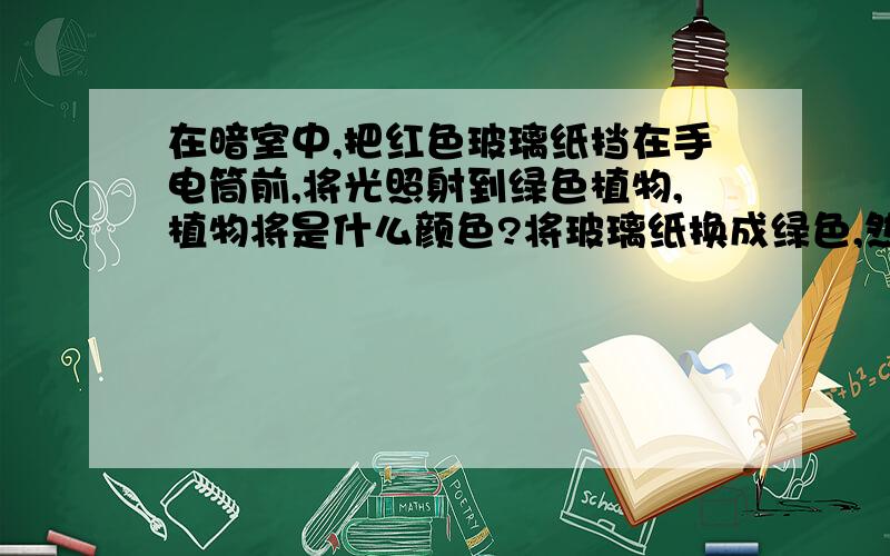 在暗室中,把红色玻璃纸挡在手电筒前,将光照射到绿色植物,植物将是什么颜色?将玻璃纸换成绿色,然后照在黄色的橘子上,橘子将变成什么颜色?再用绿光照射植物,植物将呈什么颜色?