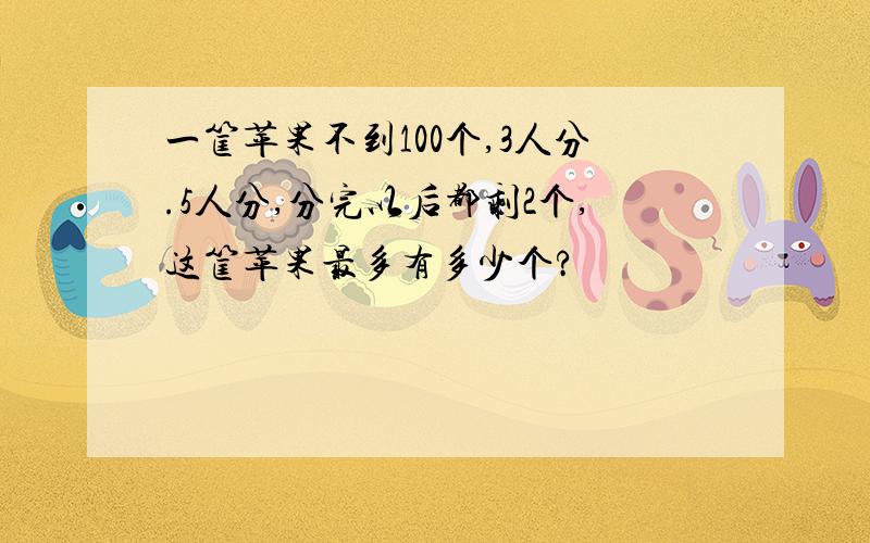 一筐苹果不到100个,3人分.5人分,分完以后都剩2个,这筐苹果最多有多少个?