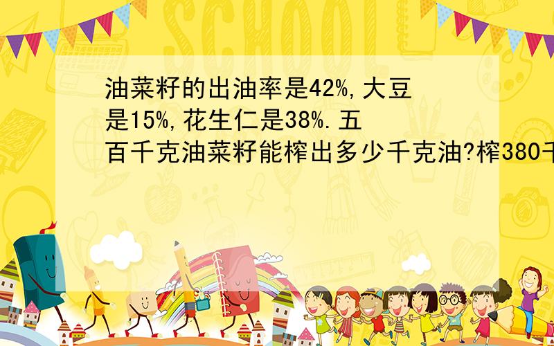 油菜籽的出油率是42%,大豆是15%,花生仁是38%.五百千克油菜籽能榨出多少千克油?榨380千克花生油需要多少千克花生?用一百千克大豆榨油,能榨出多少油?