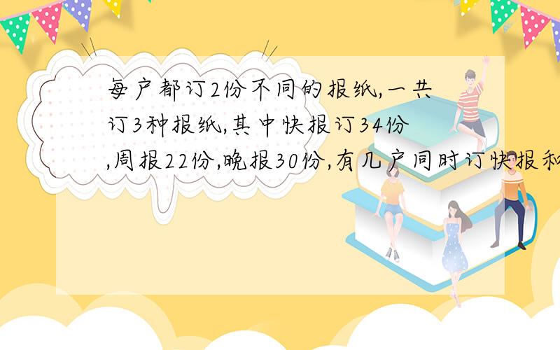 每户都订2份不同的报纸,一共订3种报纸,其中快报订34份,周报22份,晚报30份,有几户同时订快报和周报四年级数学题