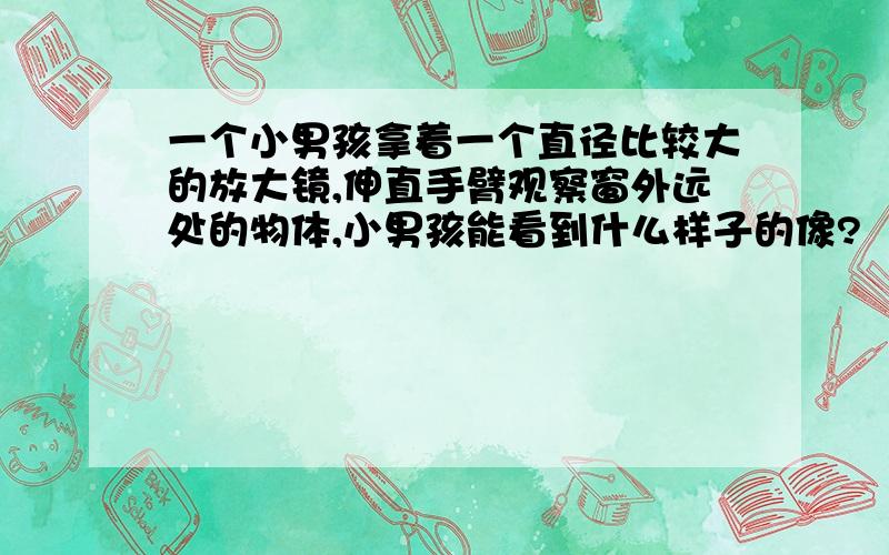 一个小男孩拿着一个直径比较大的放大镜,伸直手臂观察窗外远处的物体,小男孩能看到什么样子的像?