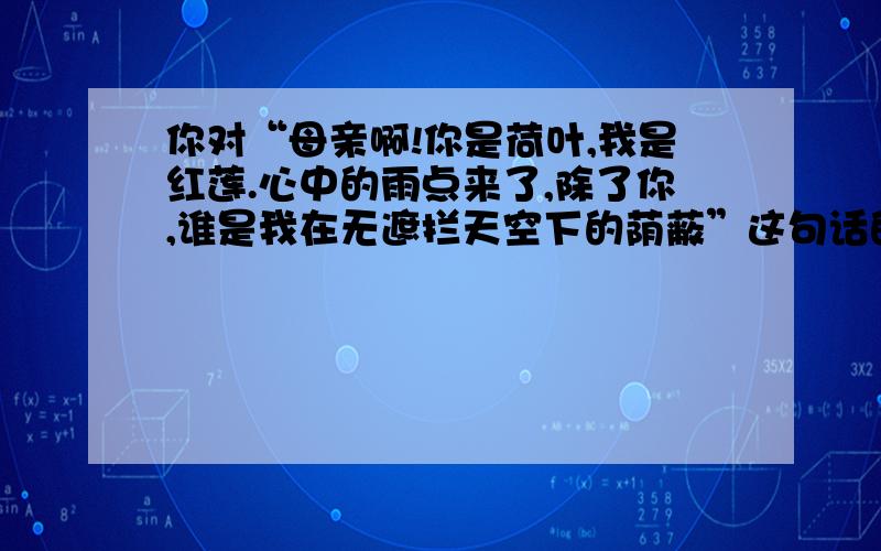 你对“母亲啊!你是荷叶,我是红莲.心中的雨点来了,除了你,谁是我在无遮拦天空下的荫蔽”这句话的理解短一点,不要太长