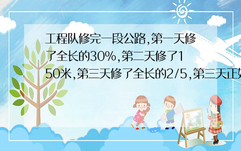 工程队修完一段公路,第一天修了全长的30%,第二天修了150米,第三天修了全长的2/5,第三天正好完成,这段公路长多少米