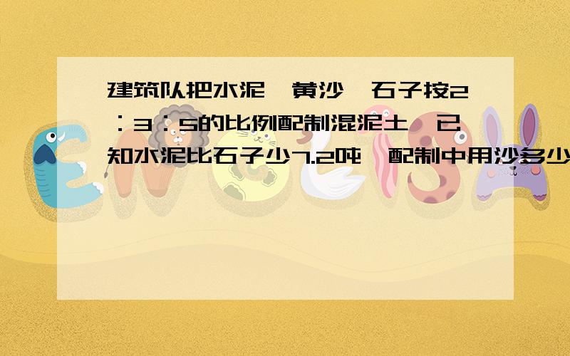 建筑队把水泥、黄沙、石子按2：3：5的比例配制混泥土,已知水泥比石子少7.2吨,配制中用沙多少吨?