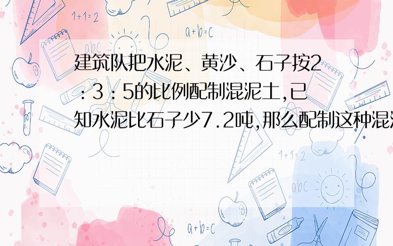 建筑队把水泥、黄沙、石子按2：3：5的比例配制混泥土,已知水泥比石子少7.2吨,那么配制这种混泥土一共...建筑队把水泥、黄沙、石子按2：3：5的比例配制混泥土,已知水泥比石子少7.2吨,那么