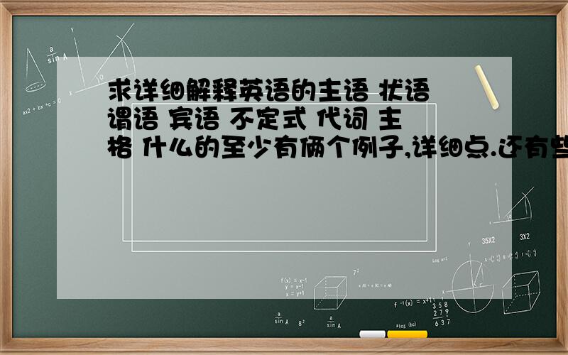 求详细解释英语的主语 状语 谓语 宾语 不定式 代词 主格 什么的至少有俩个例子,详细点.还有些句子的构成也加上吧