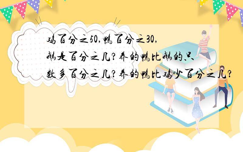 鸡百分之50,鸭百分之30,鹅是百分之几?养的鸭比鹅的只数多百分之几?养的鸭比鸡少百分之几?