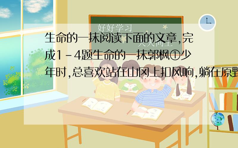 生命的一抹阅读下面的文章,完成1-4题生命的一抹郭枫①少年时,总喜欢站在山冈上扣风响,躺在原野上看云飞,日子过得轻轻忽忽的,象梦.一切都令人陶醉,一切都美.②什么叫做美呢?那时还说不