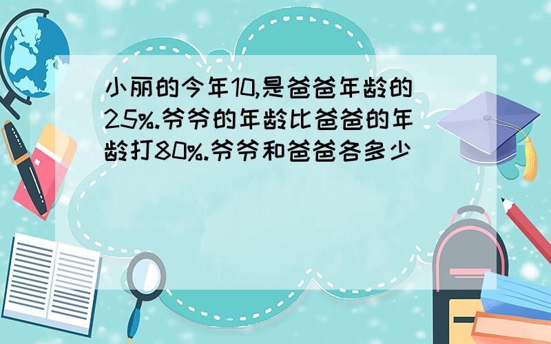 小丽的今年10,是爸爸年龄的25%.爷爷的年龄比爸爸的年龄打80%.爷爷和爸爸各多少