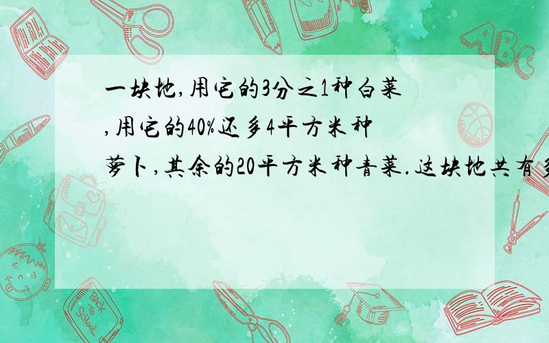 一块地,用它的3分之1种白菜,用它的40%还多4平方米种萝卜,其余的20平方米种青菜.这块地共有多少平方米