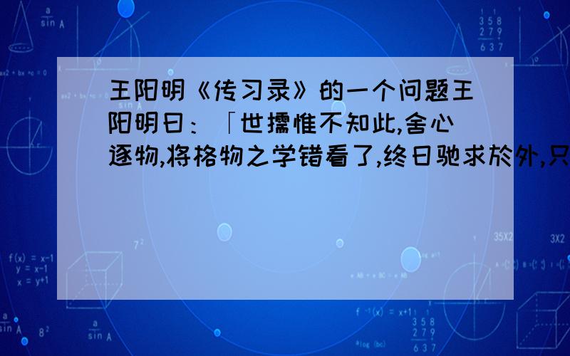 王阳明《传习录》的一个问题王阳明曰：「世儒惟不知此,舍心逐物,将格物之学错看了,终日驰求於外,只做得个义袭而取,终身行不著,习不察.」请问：王阳明的「格物」应做何解?