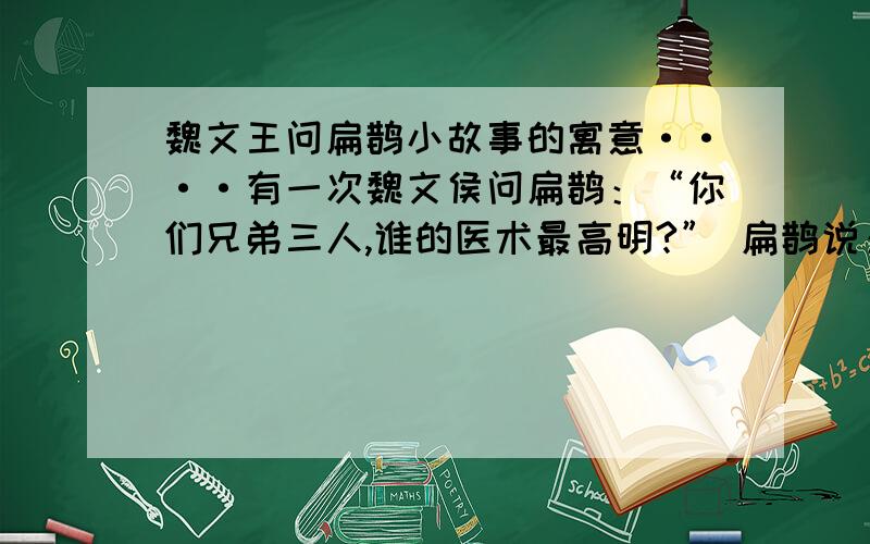 魏文王问扁鹊小故事的寓意····有一次魏文侯问扁鹊：“你们兄弟三人,谁的医术最高明?” 扁鹊说：“我大哥最高,二哥次之,我最差.” 魏文侯说：“那你说说道理吧!” 扁鹊说：“是这样