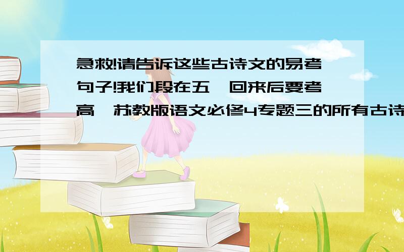 急救!请告诉这些古诗文的易考句子!我们段在五一回来后要考高一苏教版语文必修4专题三的所有古诗文,那可都是千古名文!都还没教,很多意思都没理解透,现在时间也来不及了,我 只能抓重点