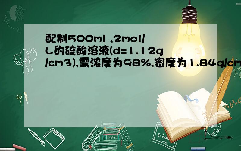 配制500ml ,2mol/L的硫酸溶液(d=1.12g/cm3),需浓度为98%,密度为1.84g/cm3的浓硫酸和水各多少毫升?