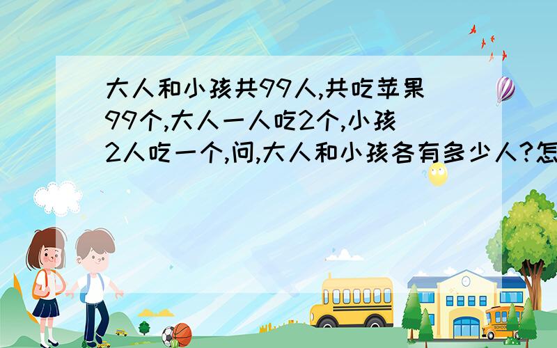 大人和小孩共99人,共吃苹果99个,大人一人吃2个,小孩2人吃一个,问,大人和小孩各有多少人?怎么列式计2X+(99-X)/2=99还是2X+(99-X)/3=99呢这两个算式哪个对，怎么解