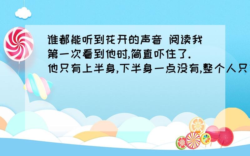 谁都能听到花开的声音 阅读我第一次看到他时,简直吓住了.他只有上半身,下半身一点没有,整个人只有那短短的一截.那是一个市里组织的书法会,有他,亦有我.所有人全在看他,他很坦然地接受