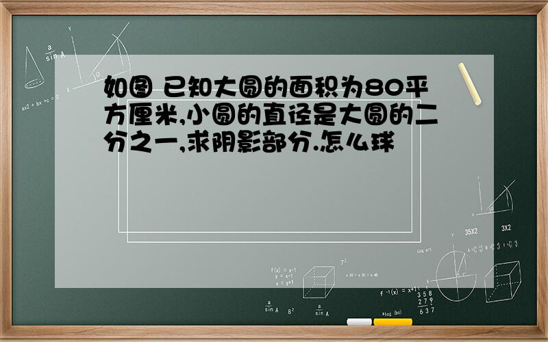 如图 已知大圆的面积为80平方厘米,小圆的直径是大圆的二分之一,求阴影部分.怎么球