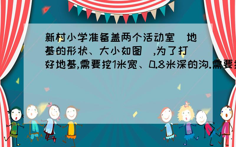 新村小学准备盖两个活动室（地基的形状、大小如图）,为了打好地基,需要挖1米宽、0.8米深的沟.需要挖出的土石方有多少立方米?并说一下那个图片的数据,左边下面的那个是1m,中间下面那个