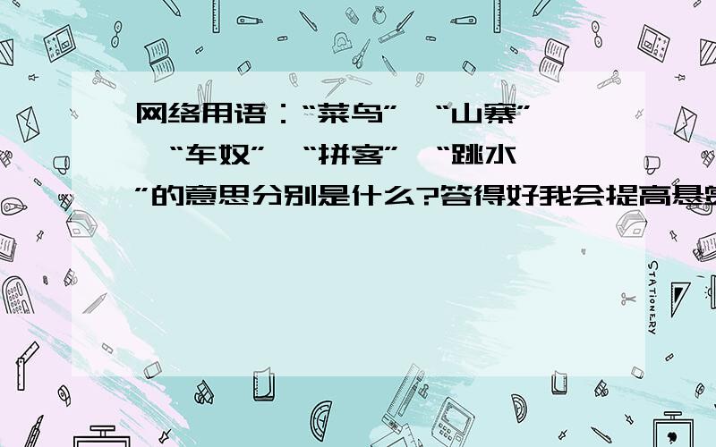 网络用语：“菜鸟”、“山寨”、“车奴”、“拼客”、“跳水”的意思分别是什么?答得好我会提高悬赏分的!要知道我从不轻易给分的!