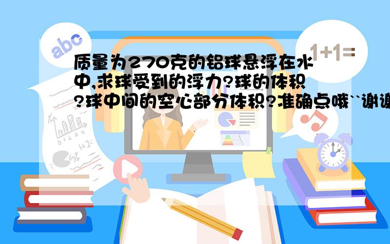 质量为270克的铝球悬浮在水中,求球受到的浮力?球的体积?球中间的空心部分体积?准确点哦``谢谢咯````