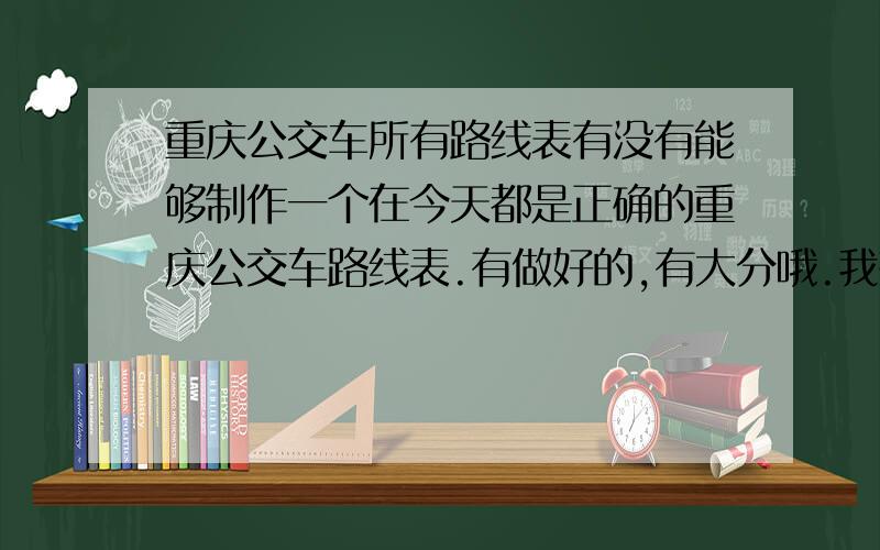 重庆公交车所有路线表有没有能够制作一个在今天都是正确的重庆公交车路线表.有做好的,有大分哦.我想把他献给我们新来外地同学也包括自己.