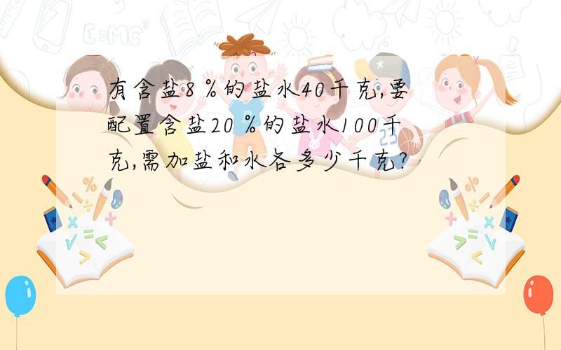 有含盐8％的盐水40千克,要配置含盐20％的盐水100千克,需加盐和水各多少千克?