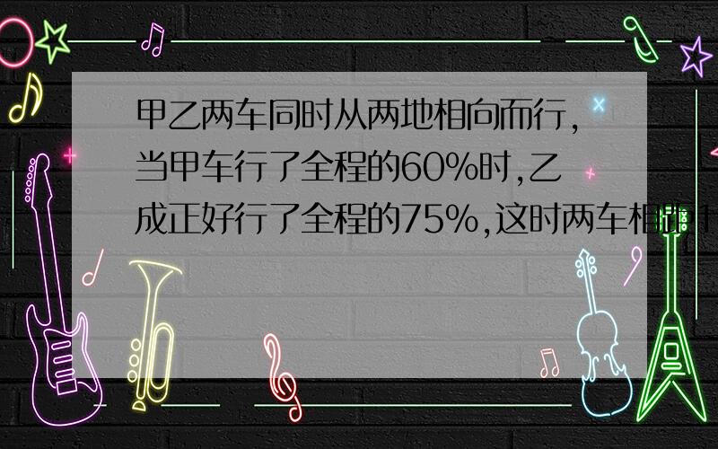 甲乙两车同时从两地相向而行,当甲车行了全程的60%时,乙成正好行了全程的75%,这时两车相距140千米.两地相距多少千米?