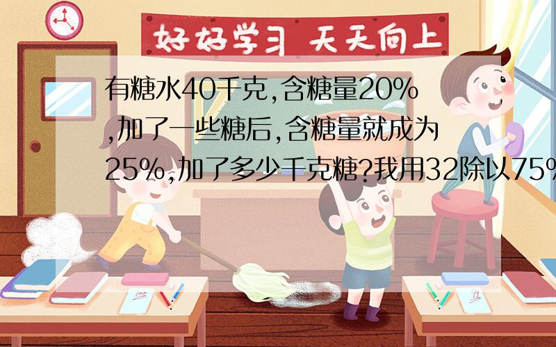 有糖水40千克,含糖量20%,加了一些糖后,含糖量就成为25%,加了多少千克糖?我用32除以75%,