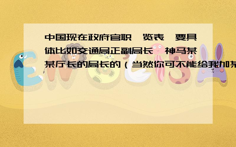 中国现在政府官职一览表,要具体比如交通局正副局长、神马某某厅长的局长的（当然你可不能给我加某某）,这个貌似省市区都有吧,最好公务员的也弄个、、这方面我一点都不懂的、、反正