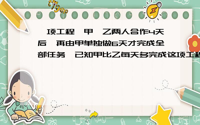 一项工程,甲、乙两人合作4天后,再由甲单独做6天才完成全部任务,已知甲比乙每天多完成这项工程的80分之1,则甲、乙单独完成各需多少天?