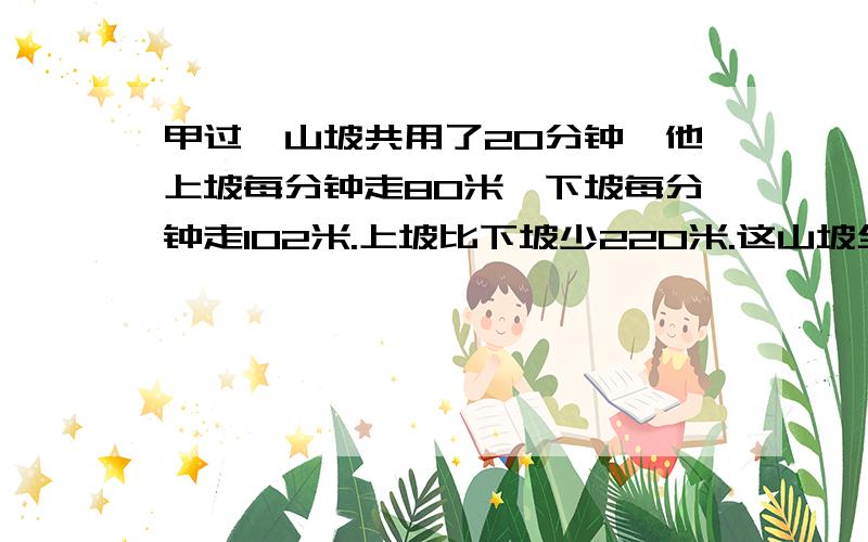 甲过一山坡共用了20分钟,他上坡每分钟走80米,下坡每分钟走102米.上坡比下坡少220米.这山坡全长多少米