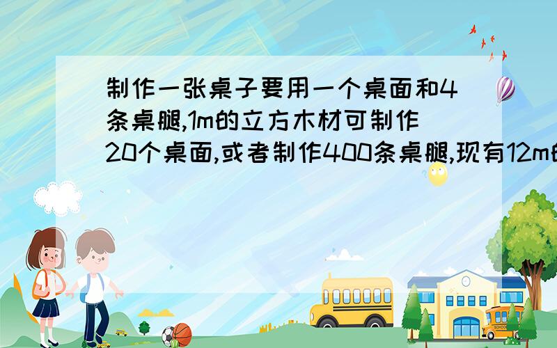 制作一张桌子要用一个桌面和4条桌腿,1m的立方木材可制作20个桌面,或者制作400条桌腿,现有12m的立方木材,应怎样计划用料才能制作尽可能多的桌子?（要用一元一次方程解,要解的过程!）