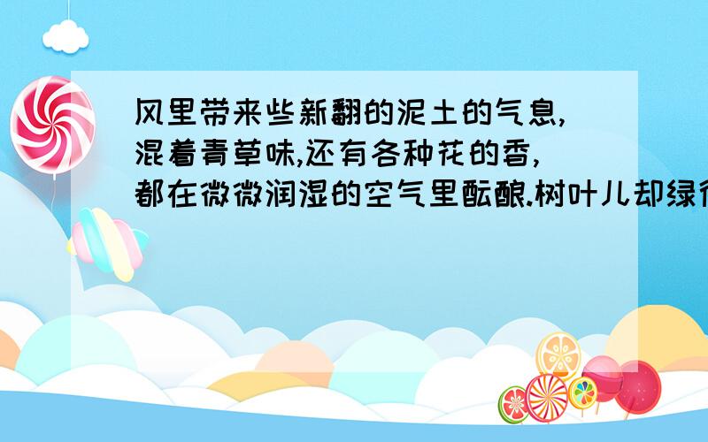 风里带来些新翻的泥土的气息,混着青草味,还有各种花的香,都在微微润湿的空气里酝酿.树叶儿却绿得发亮,小草儿也青得逼你的眼这两句话赏析.Thanks.