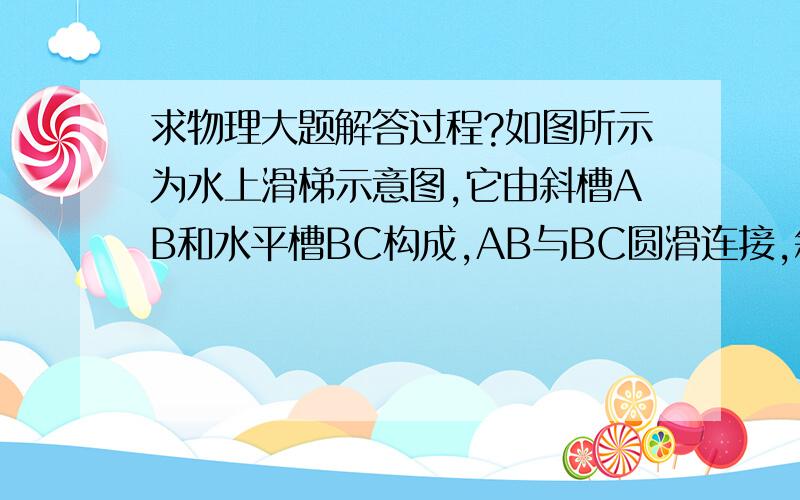 求物理大题解答过程?如图所示为水上滑梯示意图,它由斜槽AB和水平槽BC构成,AB与BC圆滑连接,斜槽AB的竖直高度H = 15 m ,BC面高出水面的距离h = 0.80 m .一个质量m = 50 kg的游戏者从滑梯顶端A点由静