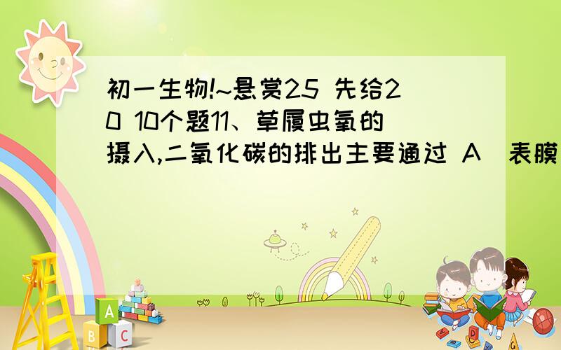 初一生物!~悬赏25 先给20 10个题11、草履虫氧的摄入,二氧化碳的排出主要通过 A．表膜        B．伸缩泡        C．胞肛          D．收集管  12、下列关于动物体结构层次的排列中,正确的顺序是  A．