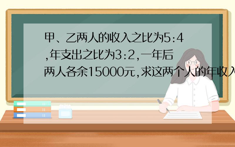 甲、乙两人的收入之比为5:4,年支出之比为3:2,一年后两人各余15000元,求这两个人的年收入.若b比a增加百分之x,则b=——————.若b比a减小百分之x,则b=——————.若b比a增加百分之x，则b=—