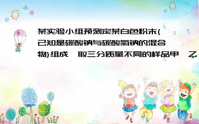 某实验小组预测定某白色粉末(已知是碳酸钠与碳酸氢钠的混合物)组成,取三分质量不同的样品甲,乙,丙分别与30g稀盐酸充分反应,得到的常温常压下气体关系如下表,试求：（1）样品中碳酸钠