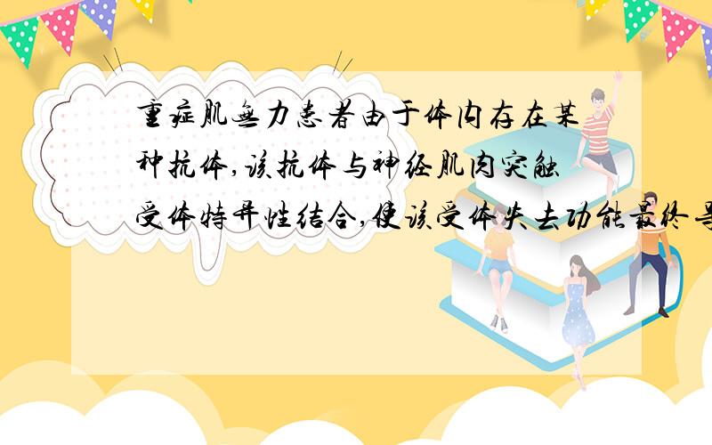 重症肌无力患者由于体内存在某种抗体,该抗体与神经肌肉突触受体特异性结合,使该受体失去功能最终导致的症状及措施是：1 刺激神经不能引起肌肉收缩2 全身出现过敏性反应3 机体对病原