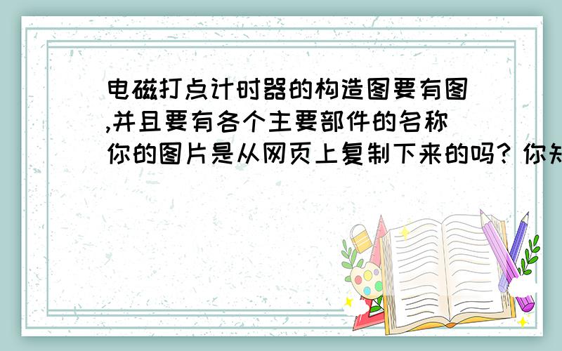 电磁打点计时器的构造图要有图,并且要有各个主要部件的名称你的图片是从网页上复制下来的吗？你知道怎么把计算机里面的图复制上去吗？顺便说明在哪里绘制图