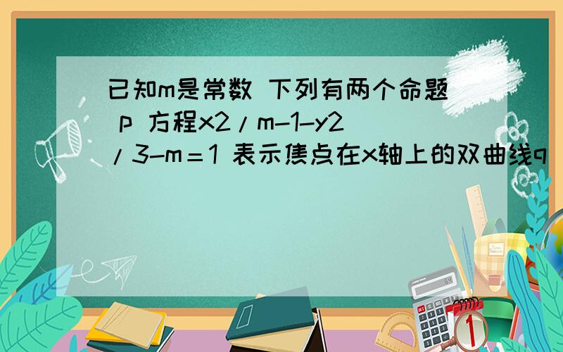 已知m是常数 下列有两个命题 p 方程x2/m-1-y2/3-m＝1 表示焦点在x轴上的双曲线q 直线y＝kx+1与焦点在x轴上的椭圆x2/5+y2/m＝1 对任意的k属于R恒有公共点 若p∧q 和 -丨q(长横短丨) 都是假命题 求m的