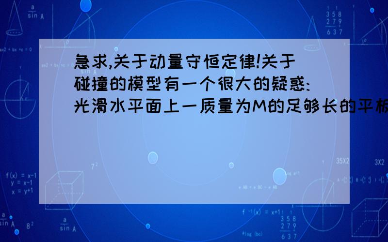 急求,关于动量守恒定律!关于碰撞的模型有一个很大的疑惑:光滑水平面上一质量为M的足够长的平板车,有一质量为m的铁块放在其左端,以共同的速度V向右运动,与竖直墙壁发生碰撞,碰撞时间极