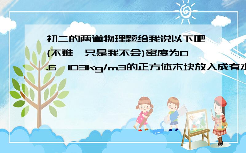 初二的两道物理题给我说以下吧(不难,只是我不会)密度为0.6×103kg/m3的正方体木块放入成有水的容器中,此时,木块的下表面距水面三厘米,至少计算出与木块有关的8个物理量.在100米深的矿井里,