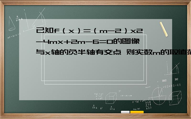 已知f（x）=（m-2）x2-4mx+2m-6=0的图像与x轴的负半轴有交点 则实数m的取值范围