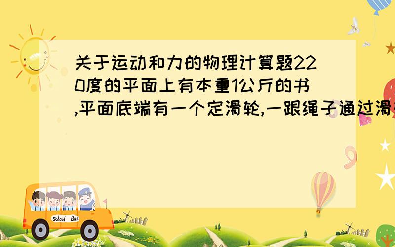 关于运动和力的物理计算题220度的平面上有本重1公斤的书,平面底端有一个定滑轮,一跟绳子通过滑轮连接着书与平面下方垂直于地面的杯子,杯子重0.5公斤.静摩擦系数与动摩擦系数都是0.5.如