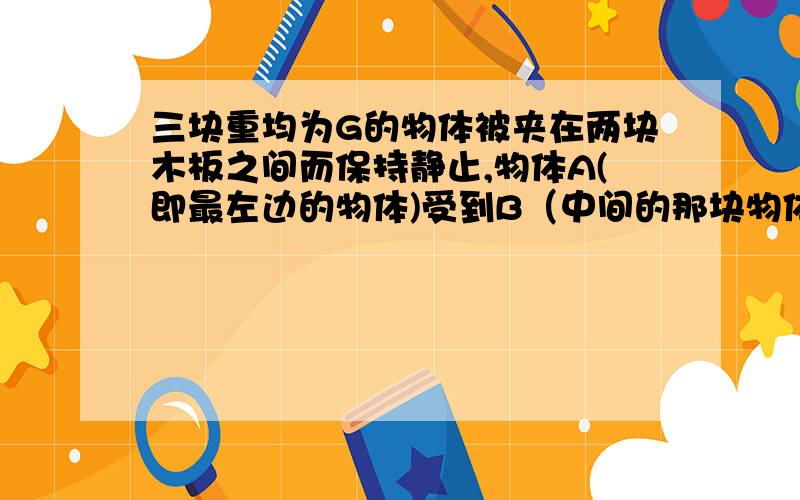 三块重均为G的物体被夹在两块木板之间而保持静止,物体A(即最左边的物体)受到B（中间的那块物体）的摩擦力大小为多少?理由说明那么木板对A的摩擦力大小为-----N