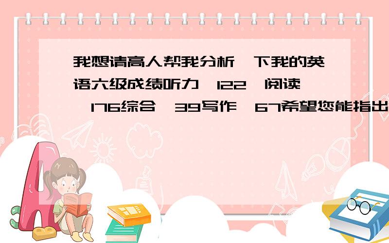 我想请高人帮我分析一下我的英语六级成绩听力,122,阅读,176综合,39写作,67希望您能指出我该怎么提高?