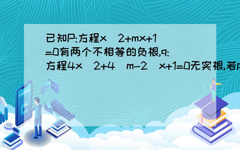 已知P:方程x^2+mx+1=0有两个不相等的负根,q:方程4x^2+4(m-2)x+1=0无实根,若p且q为假,求m的取值范围.