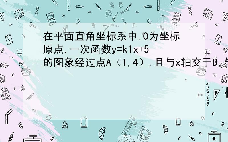 在平面直角坐标系中,O为坐标原点,一次函数y=k1x+5的图象经过点A（1,4）,且与x轴交于B,与y轴交于C,点D是一次函数k1x+5的图象与正比例函数y=k2x的图象的交点,且△AOD=5.求正比例函数的解析式.