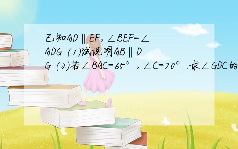 已知AD‖EF,∠BEF=∠ADG (1)试说明AB‖DG (2)若∠BAC=65°,∠C=70°.求∠GDC的度数